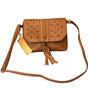NWT Camel Vegan Leather Purse – Adjustable Strap & Tassel Accent